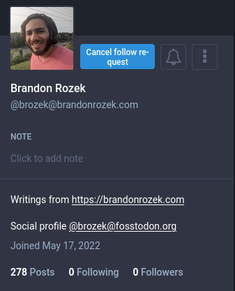 Screenshot of brozek@brandonrozek.com profile on Mastodon