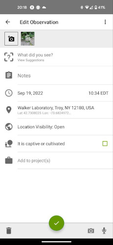 Screenshot showing new observation page where the user can fill out the species information and other notes.